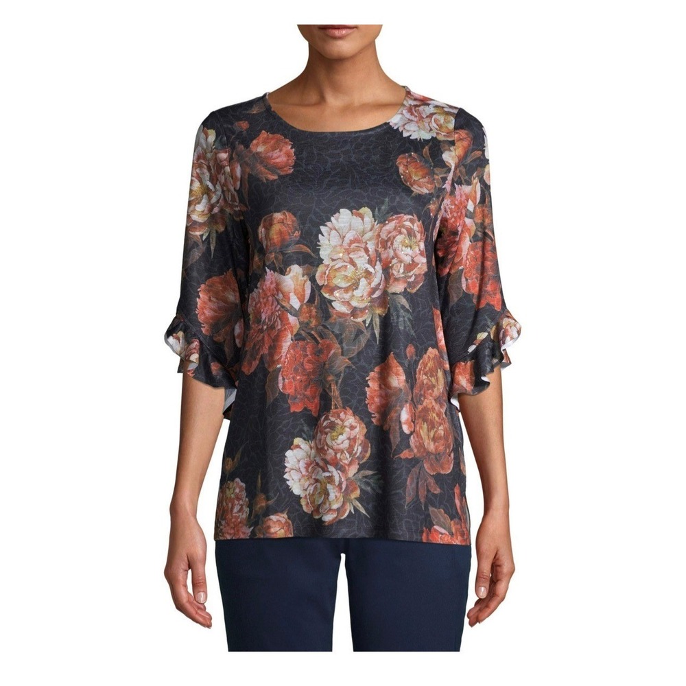 Time & Tru Women's 3/4 Ruffle Sleeve Floral Flowy Sublimation Top Medium 19"x27"